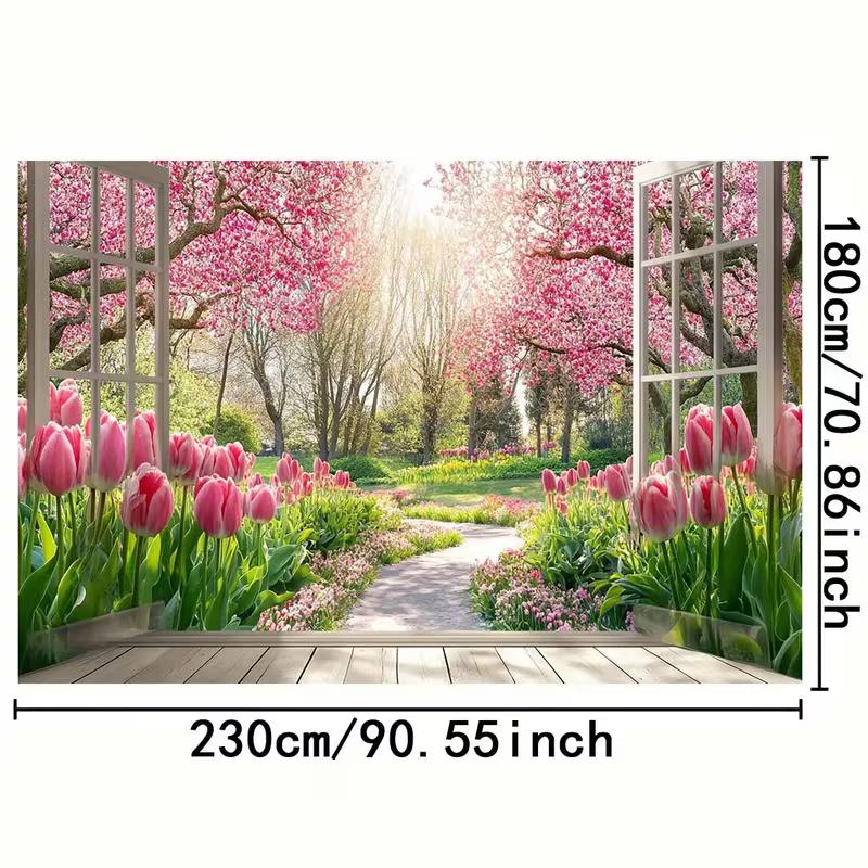 2D Romantic Pink Tulip Garden Window Photography Background Cloth