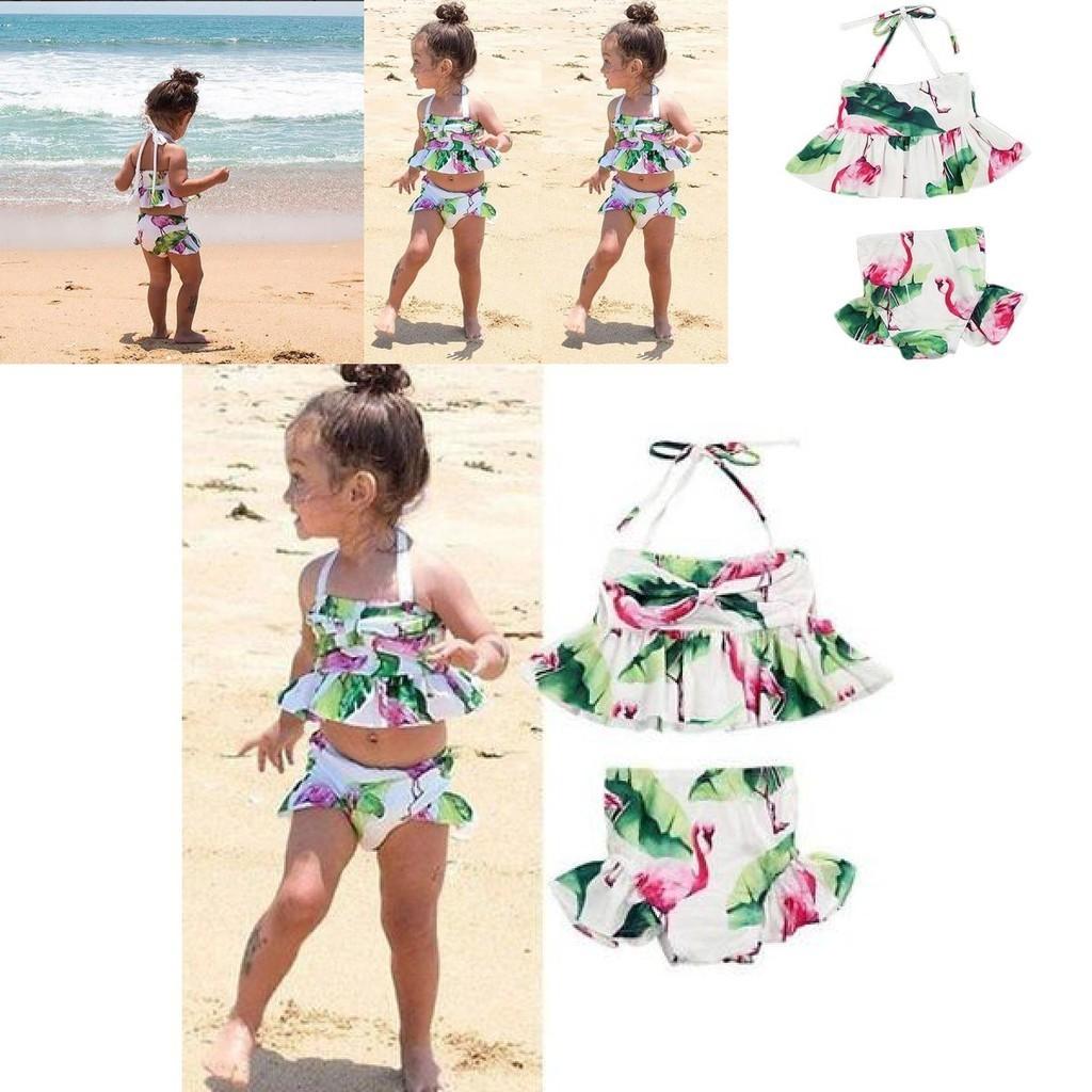 Charming 2pcs Girls Ruffle Floral Bikinis Set Featuring Adorable Flamingo Design