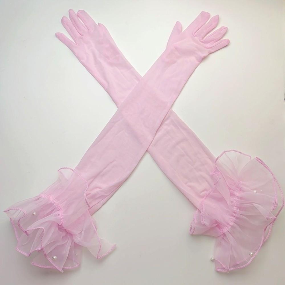 Lace Pearl Etiquette Gloves Perspective Sunscreen Sleeves Fashion Long Gloves  Wedding Dress