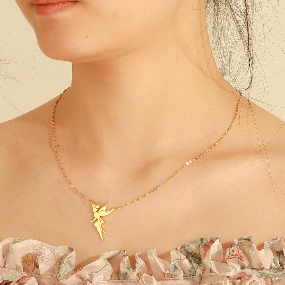 My Shape Flower Fairy Elf Necklace For Women Girl Cute Angel Wings Stainless Steel Hollow Pendant Fashion Jewelry Choker Gift