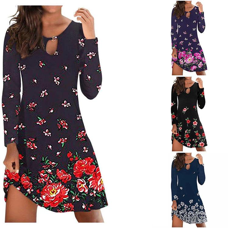 

Women Dress Fashion Long Sleeve Print Dresses Casual Loose Dresses