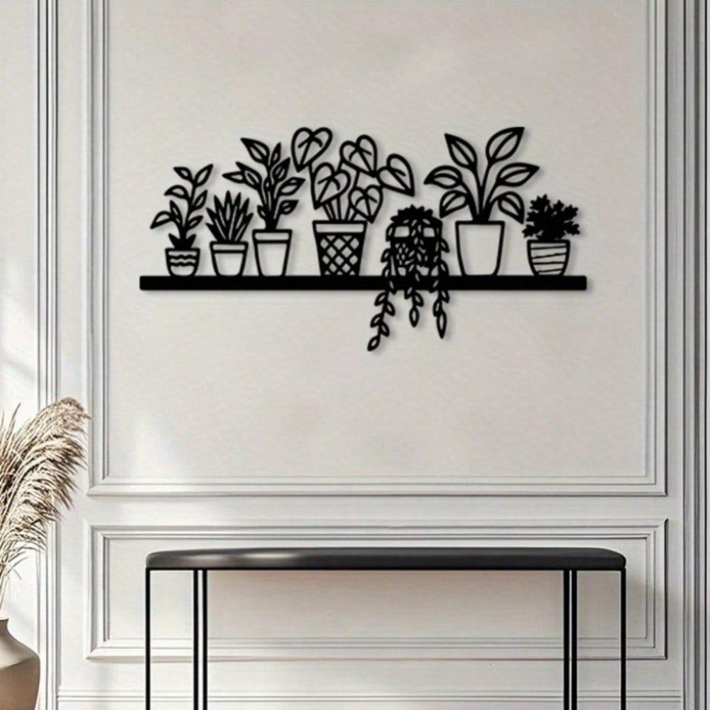 Bohemian Flower Metal Wall Art Vintage Plant Shelf with 7 Hanging Pots for Kitchen Living Room Rustic Holiday Gift