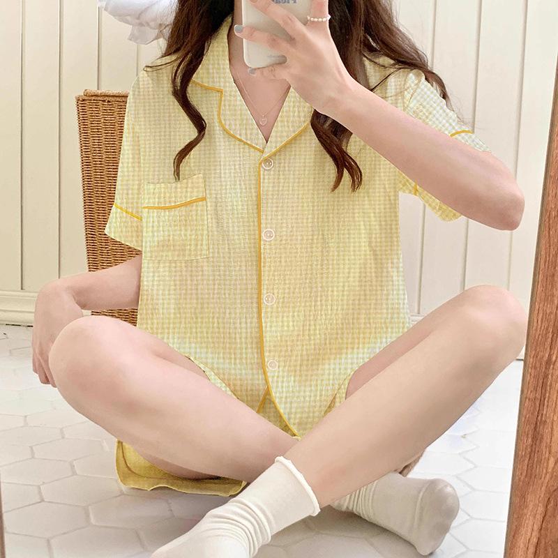 

Пижама из облачного хлопка для девочек, летняя, розовая клетка, элегантный повседневный костюм с коротким рукавом, домашняя одежда 2XL