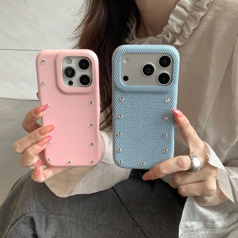 Niche Solid Color Leather Double-row Diamond-encrusted, Suitable for Apple 16promax Mobile Phone Case 17 New Iphone14 Personalized 15pro Women's 13