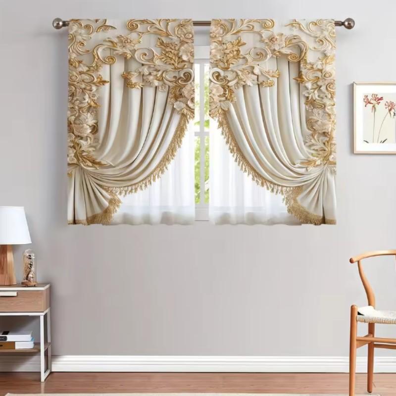 2PCS luxury gold classical curtains, pole bag polyester material design, bedroom, home decoration