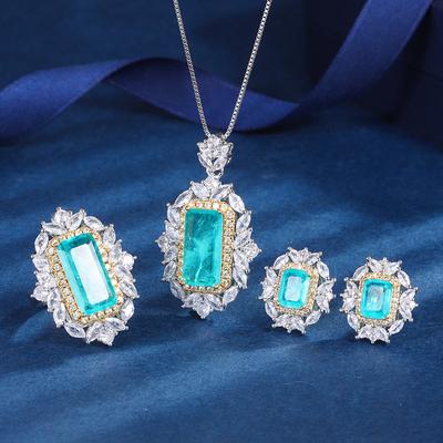 Bijoux Cuivre Doré Ensemble de Bijoux Simulation Diamant Paraiba Pendentif Bague Principal 8 * 16 6 * 8