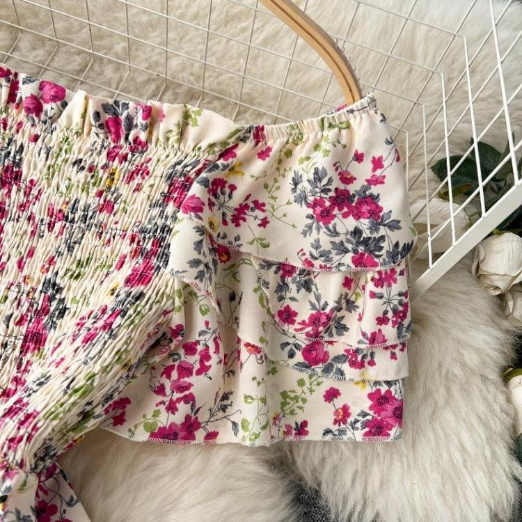 Summer Floral Off Shoulder Dress Women High Waist Short Sleeve Ankle Length Spring Casual Fashion