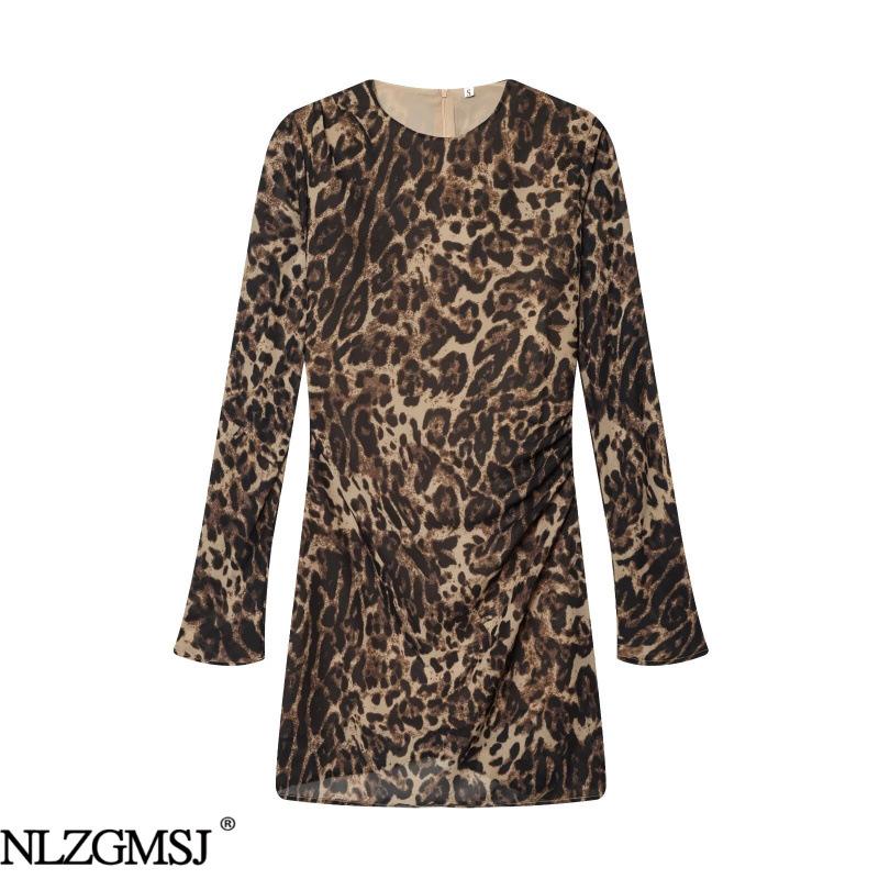 Spring 2026 European & American Style Leopard Print Pleated Slim Dress Small