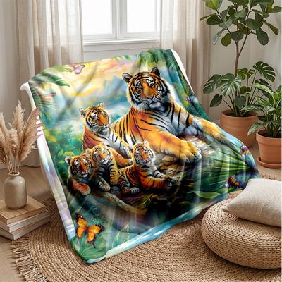 Tiger Family In Jungle 2 Theme Blanket Lightweight Warm Flannel Blanket Decorative Throw Blanket for Home Decoration