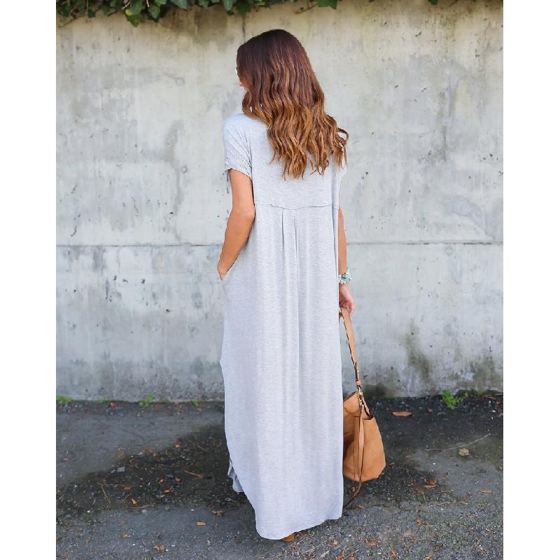 Summer New Women's Solid Color V-Neck Loose Casual Pocket Slit Dress