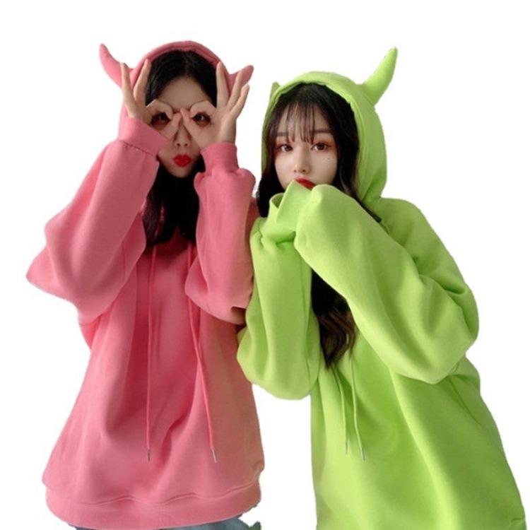 Winter Japanese Style Women Anime Hoodies Warm Fashion Loose Mid Length Thickened Velvet Long Sleeved Sweater Hooded Sweatshirt