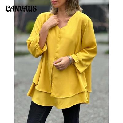 Frühling und Herbst Damen Plus Size Shirt Einfarbig V-Ausschnitt Casual Top