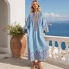 Women's Casual Boho Maxi Dress, Bohemian Embroidered Print Summer Long Dress, 3/4 Sleeve V Neck Flowy Vacation Outfits with Pockets