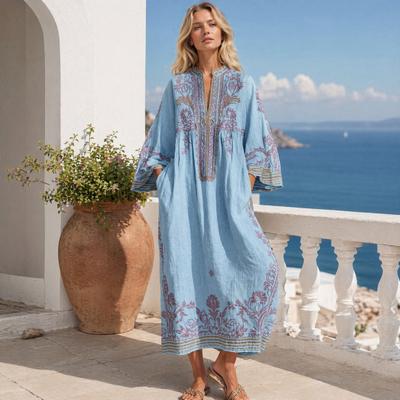 Vestido Largo Casual Boho para Mujer, Vestido Largo de Verano con Estampado Bordado Bohemio, Manga 3/4 Cuello en V Fluido, Atuendos de Vacaciones con Bolsillos