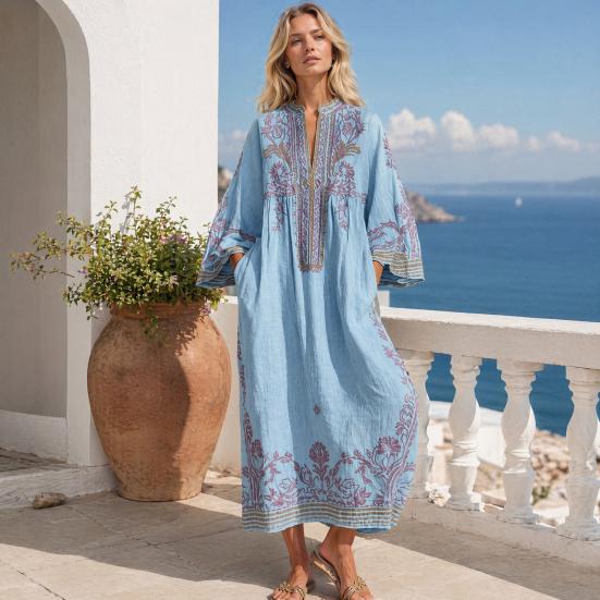 Abito Lungo Boho Casual da Donna, Estivo Lungo Bohémien con Stampa Ricamata, Manica 3/4 Scollo a V Svasato, Abiti da Vacanza con Tasche