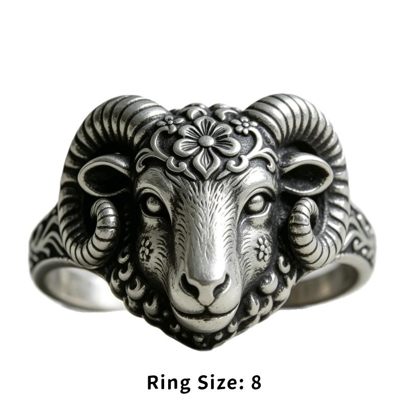Vintage Silvery Ram Head Ring, Carved Flower Aries Ring, Gothic Animal Punk Jewelry, Dainty Gift For Men Women Party Accessories