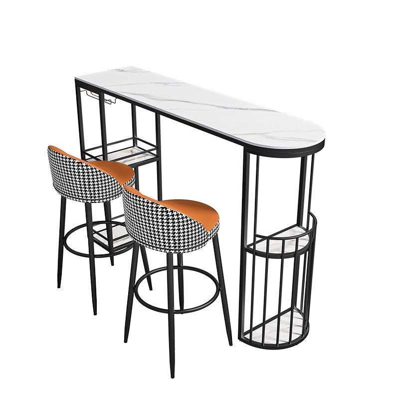 9C Modern Rock Slab Bar Table and Chairs for Living Room, Balcony, Kitchen, or Dining - High-Legged, Long Design with Wine Cabinet Feature