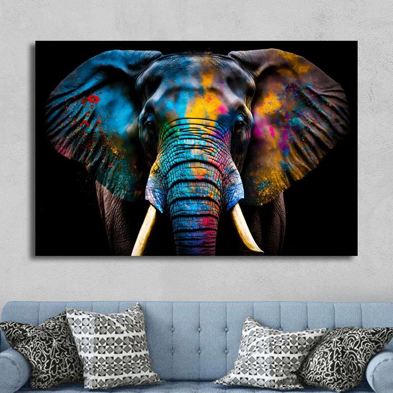 Ritratto Moderno Faccia di Elefante con Pittura su Tela con Pittura Colorata Poster di Elefanti Arte da Parete per Decorazione Soggiorno