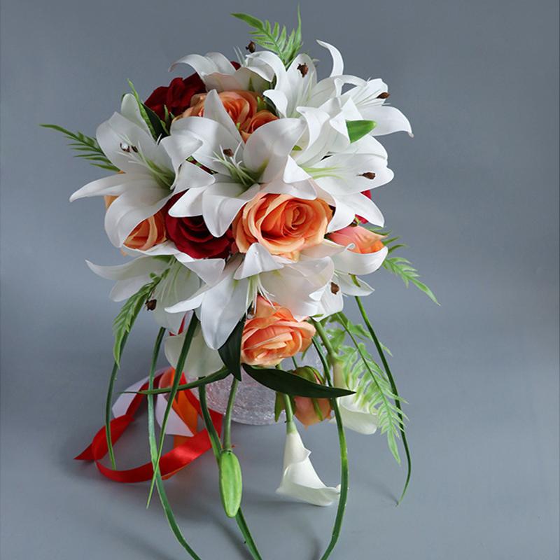 Wedding Bouquet for Bride Orange Roses Lily Wedding Bridal Bouquet Waterfall Bride Holding Flower Artificial Flowers Bouquet