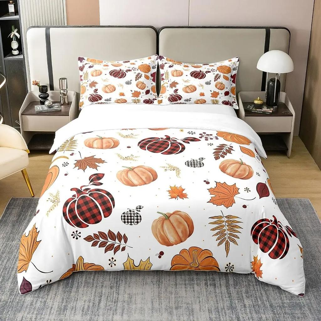 Autumn Maple Bedding Set Pumpkin Fall Comforter Cover Happy Thanksgiving Duvet Cover Farmhouse Room Decor Durable Quilt Cover