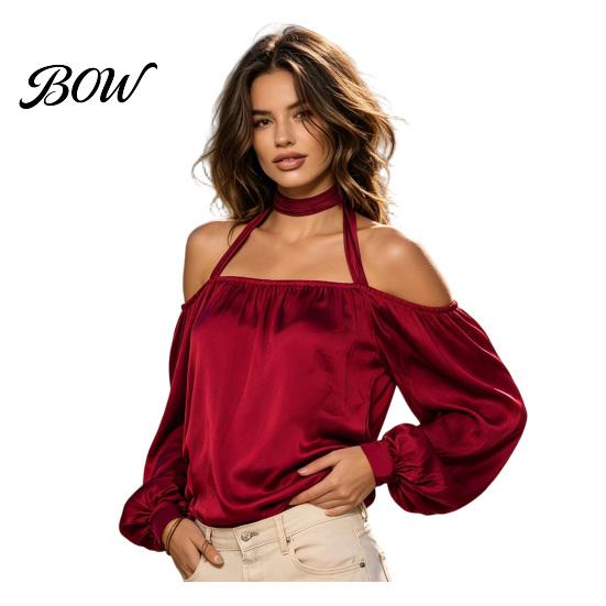 Breathable Women Shirts Summer Off-Shoulder Shirt, Long Sleeve Casual Halter Top, Shirt Solid Color Loose Satin Blouse for Daily Office