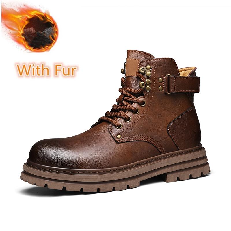 Fashion Ankle Boots Warm Winter Genuine Leather Men Boots Comfort High Top Shoes Outdoor Anti-slip Walking Shoe Travel Lace-Up Boots