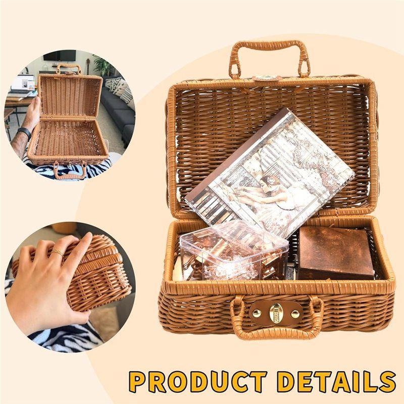 Wicker Picnic Basket, Vintage Decorative Prop Suitcase Storage Hamper Makeup Organizer,Metal Lock Plastic Rattan