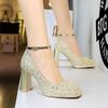 Women's Shoes with Thick Heels, High Heels, Waterproof Platform, Shallow Mouth, Square Toe, Sequins, Straight Strap, Single Shoe