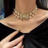 2024 Bow Knot Pearl & Rhinestone Double Layer Tassel Choker Necklace for Women