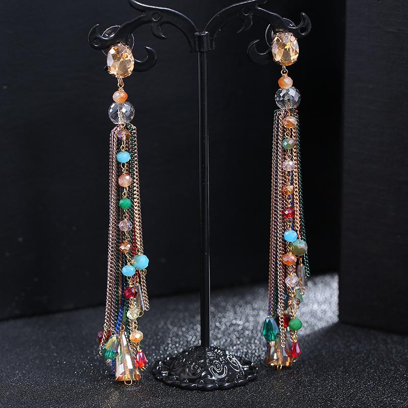 Retro trendy bohemian crystal fringed earrings 925 silver stud earrings temperament long women's personalized earrings