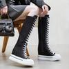 13CM Women High Top Casual Canvas Shoes 2025 Spring Autumn Knee-High Boots Lace-up Zip Ladies Platform Wedges Vulcanize Sneakers