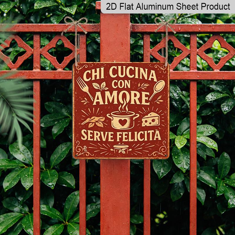 2D Flat, 1pc Italian Retro Metal Sign- Country Wall Art with Who Cooks with Love Will Be Happy- Frameless Home Decoration Kitchen, Garden, Cafe, Bar