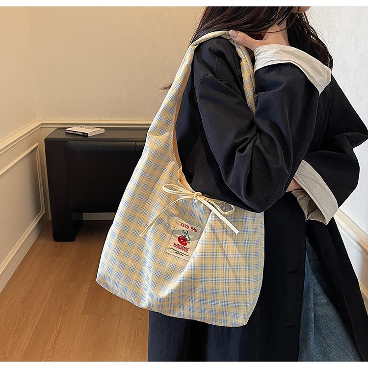 Japanese Style Chic Gingham Checkered Tote Bag Large Capacity Canvas Shoulder Bag for Women