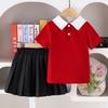 Girls' Fashionable Wine-red Outfit Summer Children's Princess Shirt and Black Pleated Skirt Set.