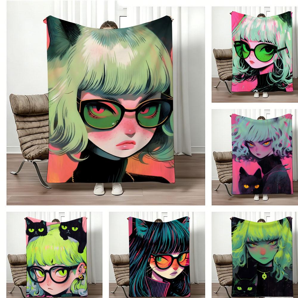 Artwork C-Cat Ear Girl Throw Lightweight 240g Flannel Blanket Soft Skin-friendly for Summer Cooling