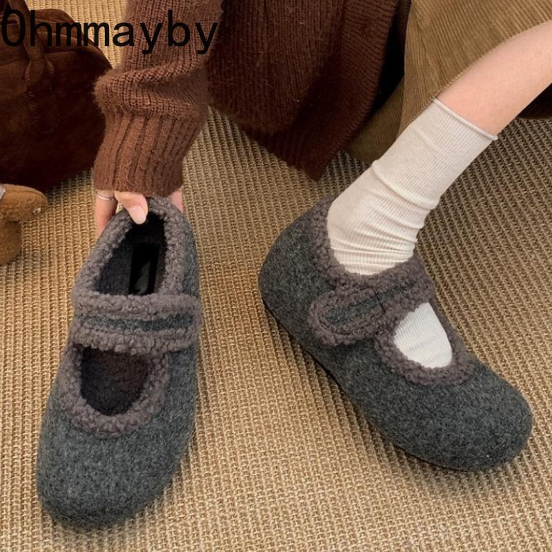 Autumn Woolen Fabric Women Flats Shoes Comfort Soft Sole Mary Jane Shoes Warm Cotton Outdoor Shoes For Winter