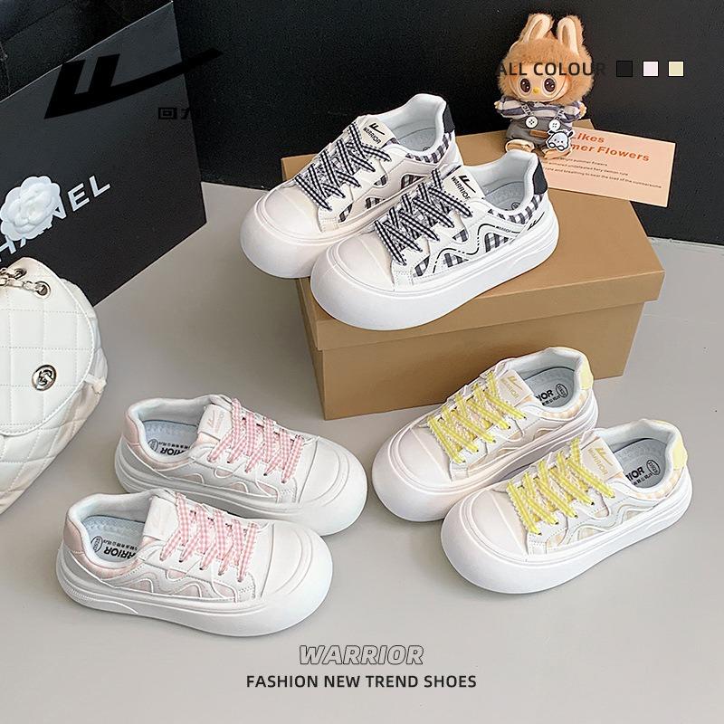Lemon Yellow Thick Baseplate Shoes Versatile Lace-up Plaid Comfortable Big Head Shoes Cute Casual Autumn Women's Shoes