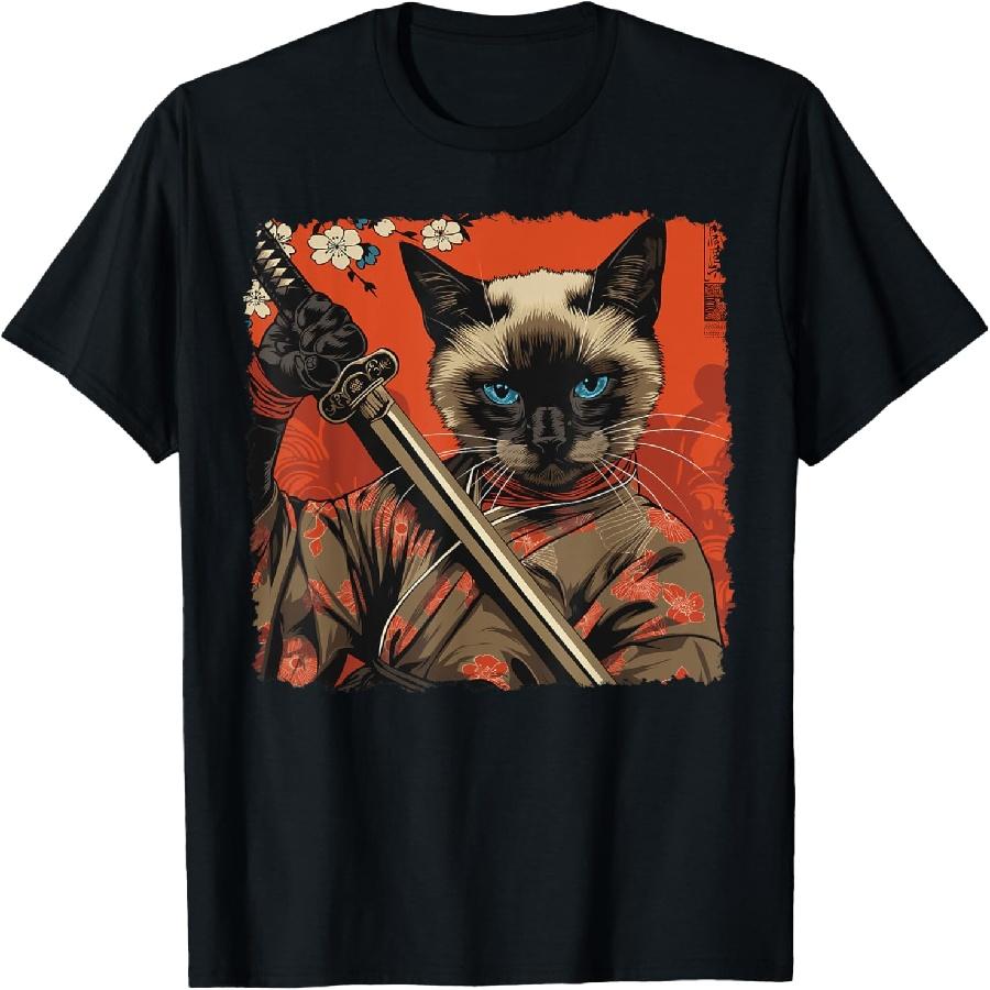 Siamesische Katze Japanische Kunst Samurai Ukiyo-e Vintage T-Shirt für Herren Damen Kinder XXXXXL schwarz