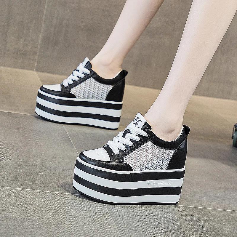 Fashion 12cm Air Mesh Chunky Sneakers Wedge Platform Lace Breathable Hollow Shoes Vulcanized Summer Genuine Leather Hidden Heels