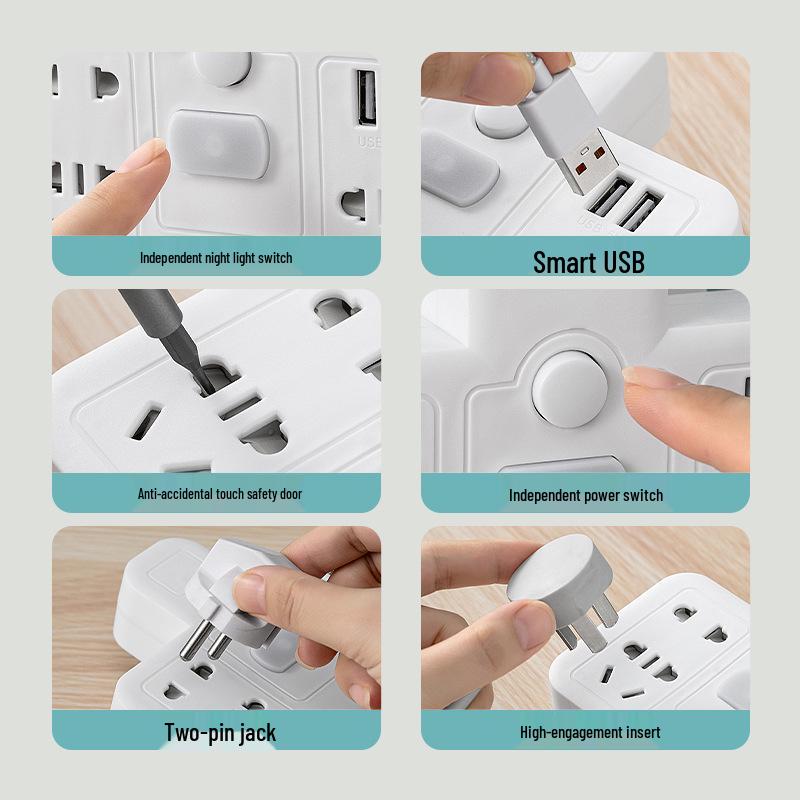 Dual To Triple Pin Plug Adapter: Home-use, Multi-functional Converter with USB Power and Night Light Socket