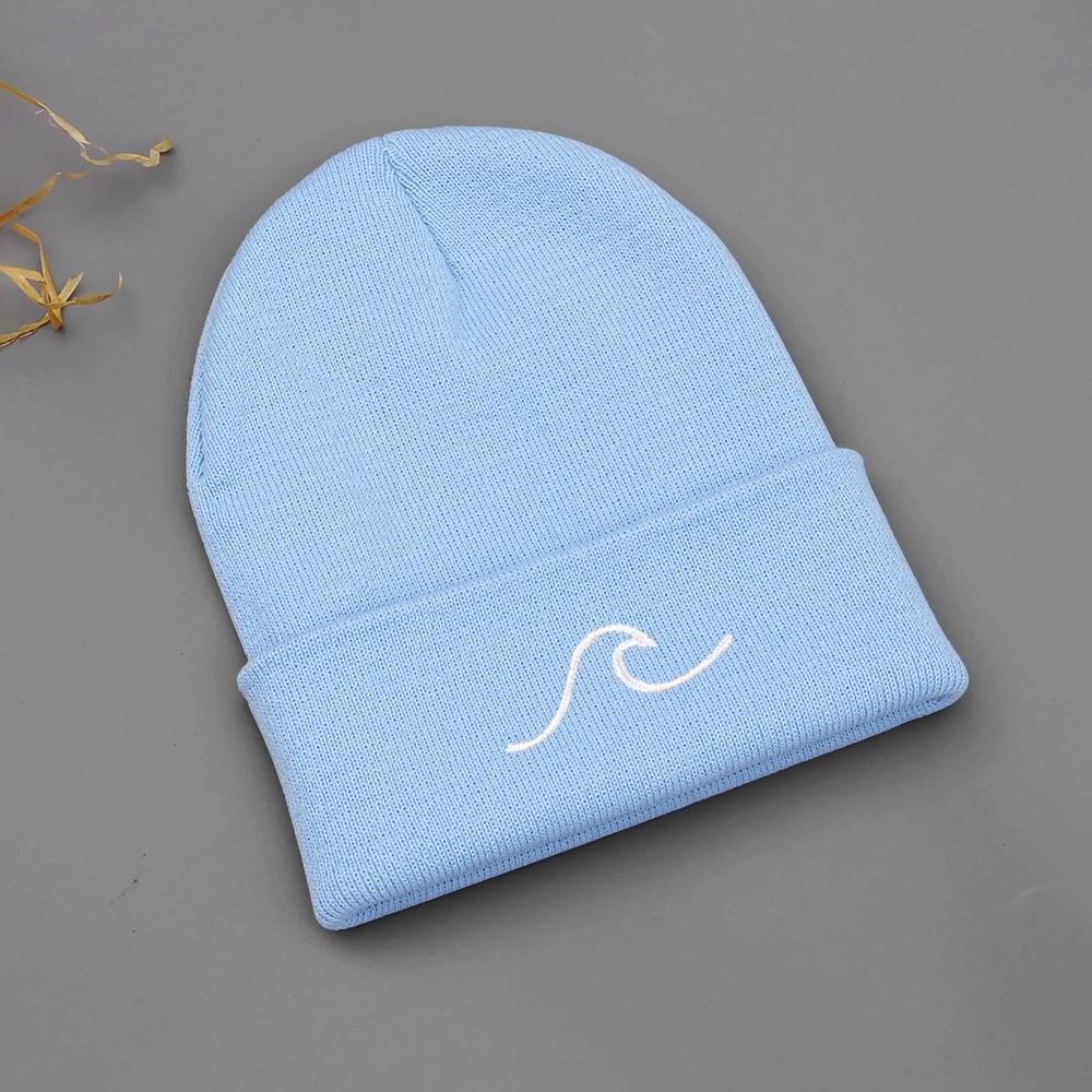 Winter Beanie Hats for Men Women Embroidery Wave Knit Cuffed Beanie Skull Cap Outdoor Daily Wear