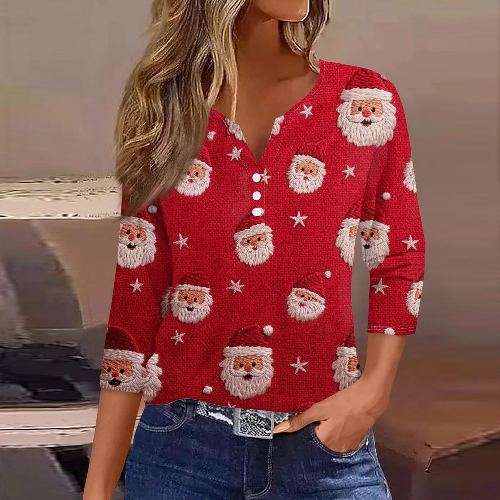 Damenmode Lässig Halloween Bedruckt V-Ausschnitt Kurzarm Zierknopf Dreiviertelarm T-Shirt Top