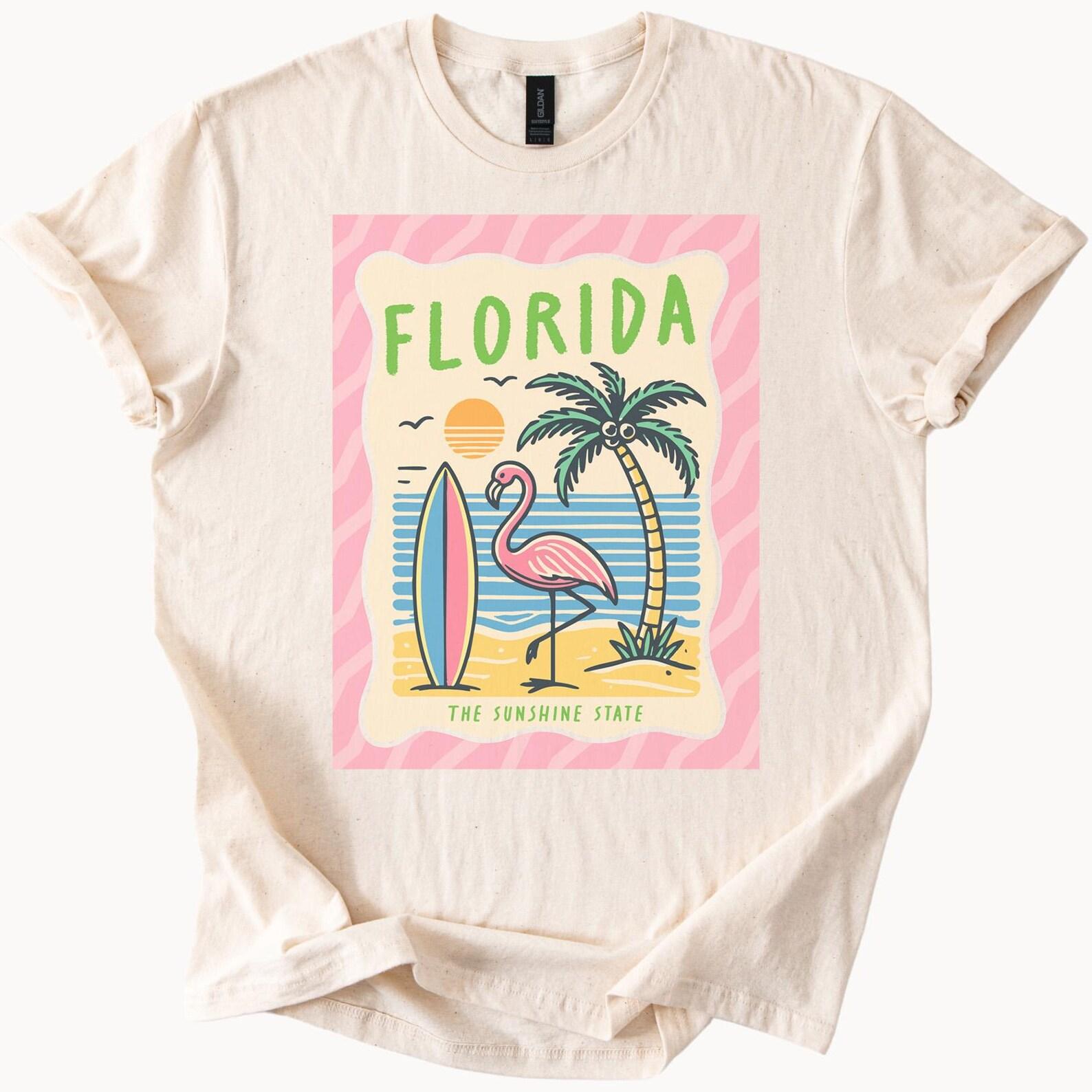 Florida Sunshine State Graphic T Shirt Flamingo Surfboard Palm Tree Ocean Beach Sunset Fun Summer Casual Cute Retro Vacation Tee 100