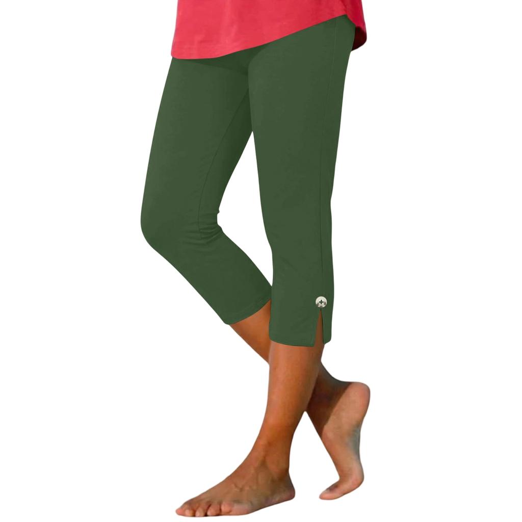 Women's Summer Fashion Color Elastic Waist Sports Yoga Button Casual Cropped Pants