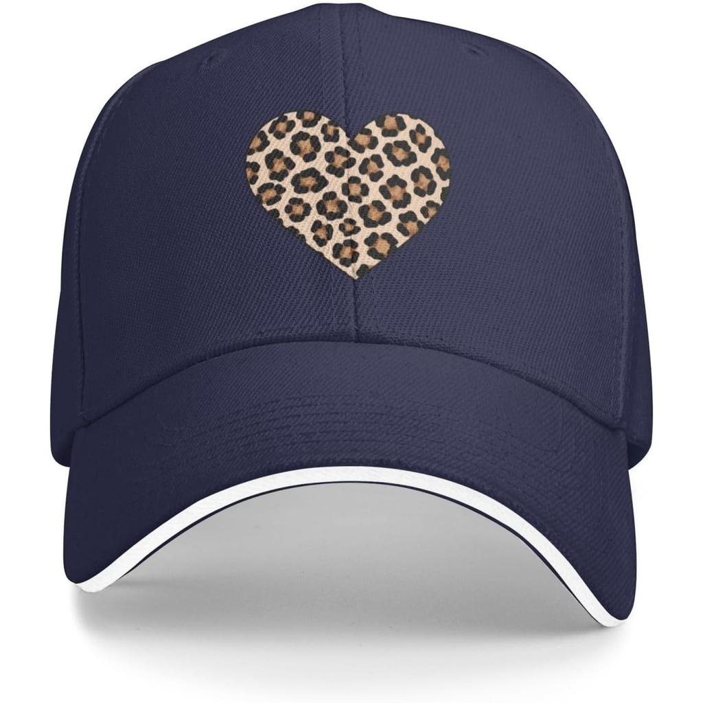 Leopard Heart Print Baseball Cap Casual Polyester Sun Protection Adjustable Hat for Adults