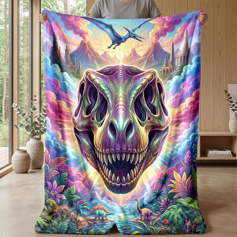 Dinosaur Skull Fantasy Landscape blanket Personalized Name Flannel Blanket Soft Cozy Plush Throw for Sofa Bed Lightweight Home Decor