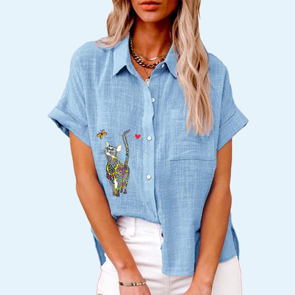 

Женская мода, льняной топ с лацканами и вырезом, летняя и осенняя повседневная футболка, женские блузки на пуговицах с короткими рукавами, свободная футболка с принтом XL светло-синий