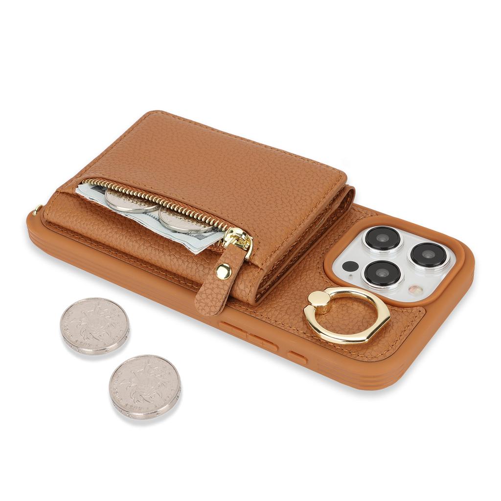 For iPhone 15 Pro Case Zipper Pocket Card Holder Leather+TPU Phone Cover with Ring Kickstand