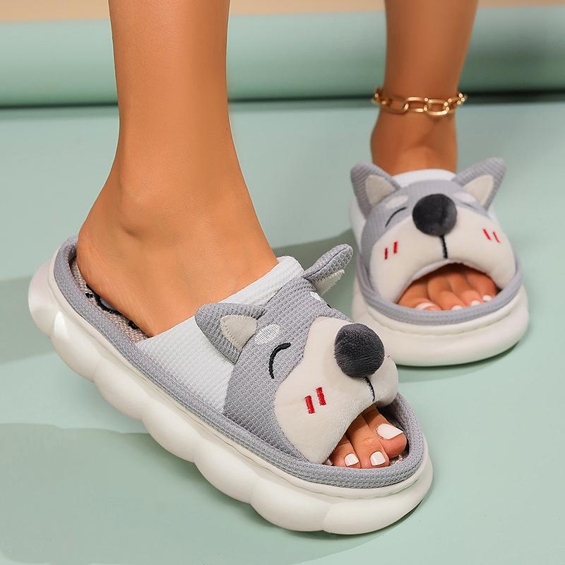Corgi cute linen slippers women's four seasons home indoor thick bottom spring and autumn cotton and linen sandals summer