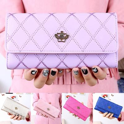 Women's Crown Rhombus Pattern Faux Leather Clutch Wallet Long Purse
